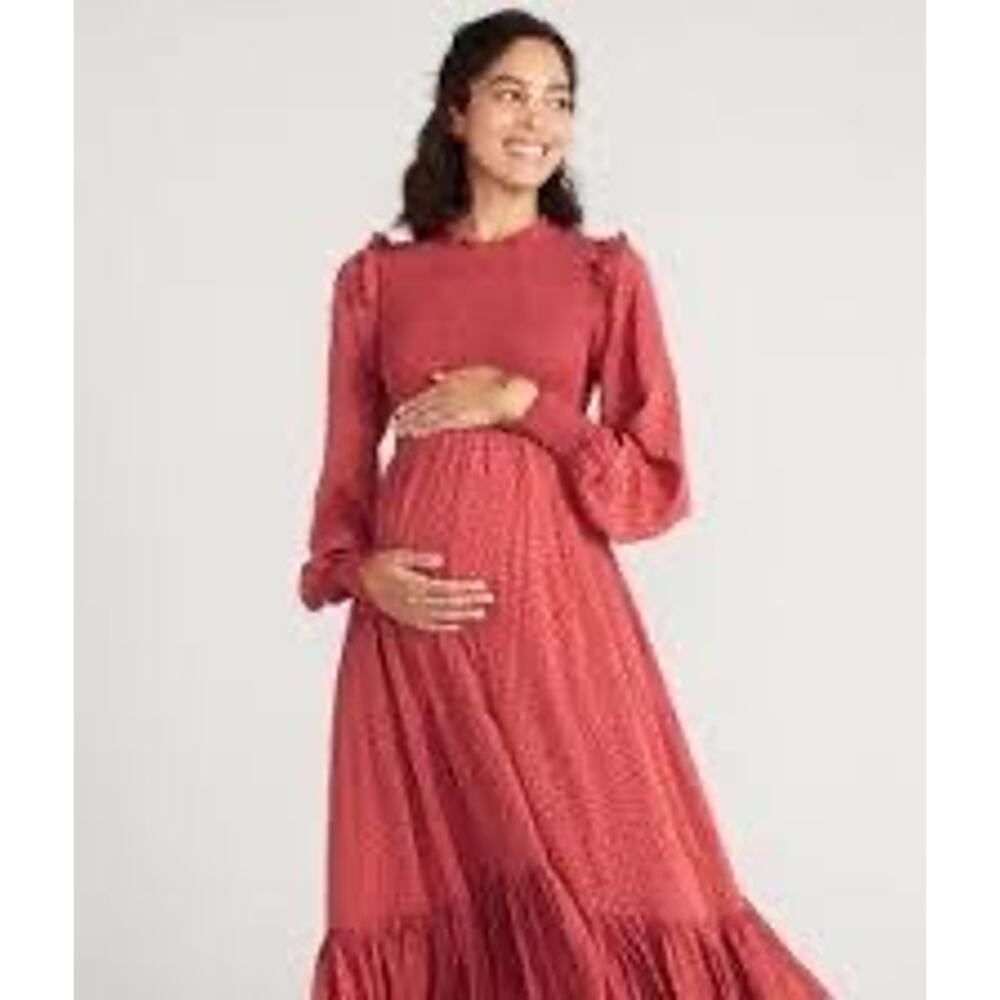 HATCH Red Smocked Midi Dress Long Sleeve Ruffle Hem Women’s Size 1 (US 6)
